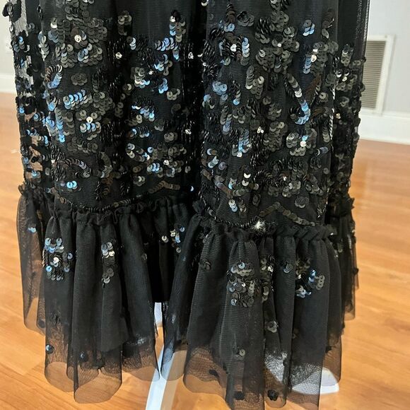NWT MAC DUGGAL Black Sequined High Neck Ruffled Flutter Sleeve Midi Dress sz 12 - Picture 6 of 13